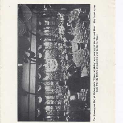 Supplement from the Canton Repository that has images of McKinley delivering his last speech, the moment before his reception in the Temple of Music, his train he took to California and Convention Hall where he recieved his second nomination.