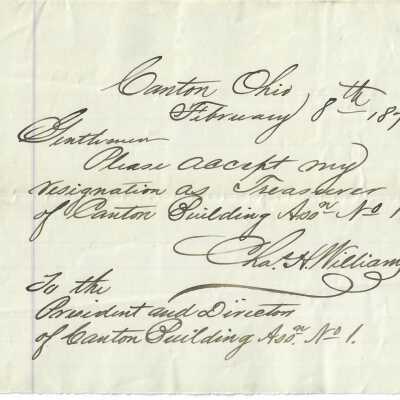 Letter of Resignation from Charles Williams as Treasurer of Canton Building Assoc.