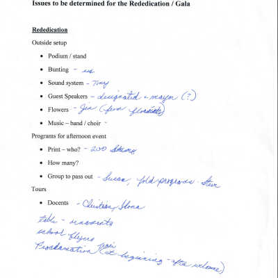 Issues to be Determined for the Rededication/Gala