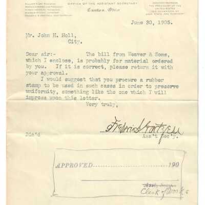Letter to John H. Holl from Frederic S. Hartzell, Ass 't Sec 'y.