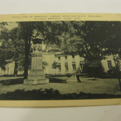South View of Memorial Library Wing and G.A.R. Monument, McKinley Memorial, Niles, Ohio