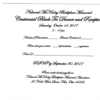 RSVP Card for National McKinley Birthplace Memorial Centennial Gala