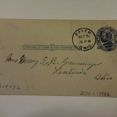 McKinley Blue One Cent Postcard Addressed to Mrs. Mary E. B. Greenemyer.