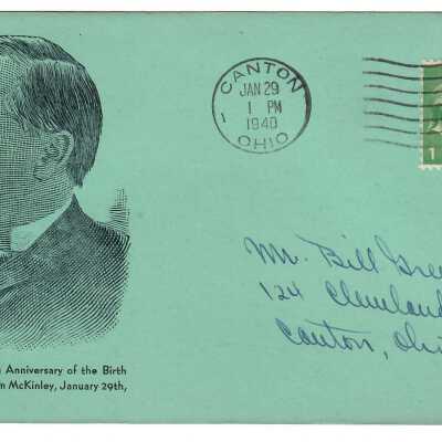 McKinley Stamp Club Postcard, McKinley 97th Birth Anniv. Jan. 29, 1940, Addressed to Mr. Bill Green.