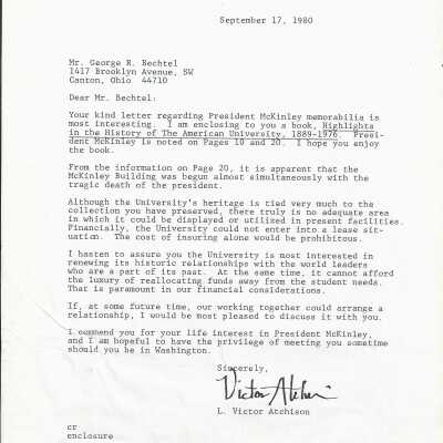 Highlights in the History of the American University, 1889-1976 letter