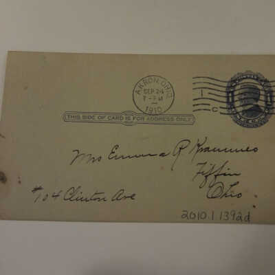 McKinley Blue One Cent Postcard Addressed to Emma R. Krausener.