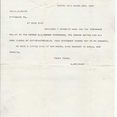Letter from A. McKinley to Rev. C.W. Smith.