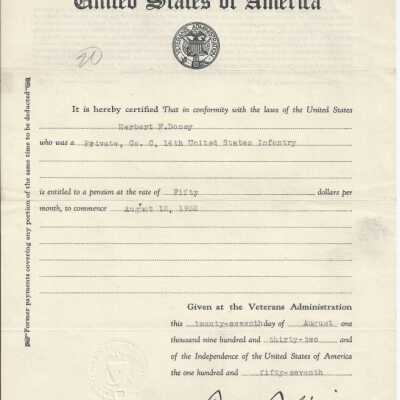 Veterans Administration Bureau of Pensions Document for Herbert F. Doney, for Pension Increase