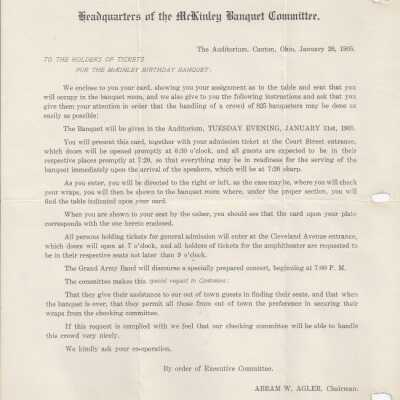 McKinley Banquet Committee Letter to Ticket Holders