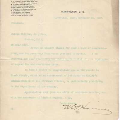 Personal letter from M.A. Hanna to Julius Whiting, Jr. November 15, 1897.