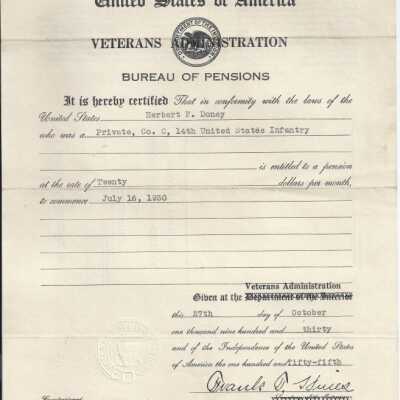 Veterans Administration Bureau of Pensions Document for Herbert F. Doney