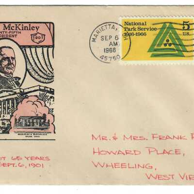 William McKinley Collage Envelope, Addressed to Mr. & Mrs. Frank R. Stultz from PIONEER CITY PHITATELIC SOCIETY, Sep. 6, 1966.