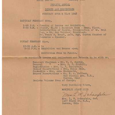 Invitation to the McKinley Stamp Club Twelfth Annual Dinner and Exhibition, Feb. 20-21, 1943.