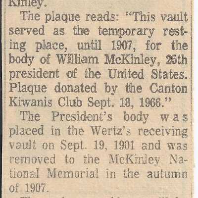 Newspaper clipping with the title "Unveiling Set for McKinley Vault Plaque". The plaque was dedicated in the area of the West Lawn Cemetary where the body of President McKinley temporarily rested until it was moved to the Canton Memorial.
