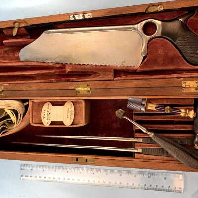 AMPUTATION KIT, WOODEN CASE, EBONY HANDLES