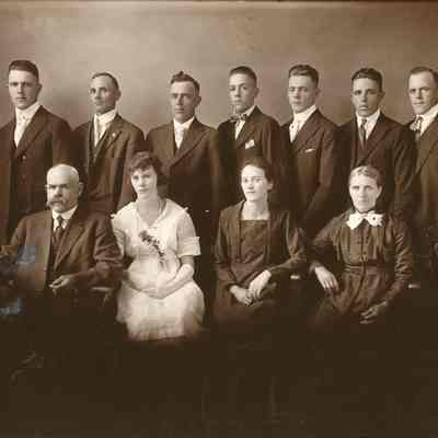Back row, left to right: Theodore, Felix, John, Frank, Julia, Steven, David. Front row, left to right: Frank, Francis, Mini, Mari Ann Lila. Frank and Mari Ann are Joe Lila's grandparents. Steven Lila is Joe Lila's father.