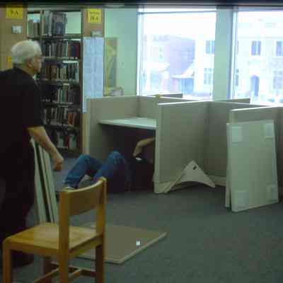 1/14/03, Emmons office products workers setting up computer cubicles in C.M. White library