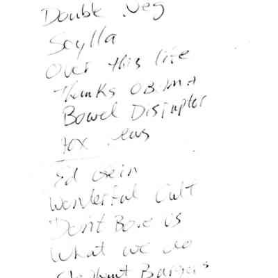 2-10-2023 set list. Trickle Down Syndrome, Scylla, Over This Life, Thanks Obama, Bowel Disruptor, Fox, Ed Gein, Wonderful Cult, Don't Bore Us, What We Do, Elephant Burgers, Friends.