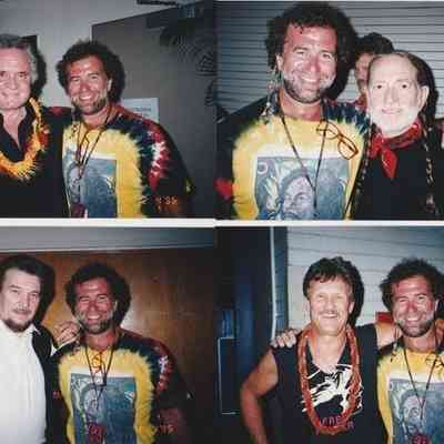 Photos of Bob with the 4 members of The Highwaymen in 1995. From left to right, top to bottom: Johnny Cash and Bob Wray. Bob Wray and Willie Nelson. Kris Kristofferson and Bob Wray. Waylon Jennings and Bob Wray.