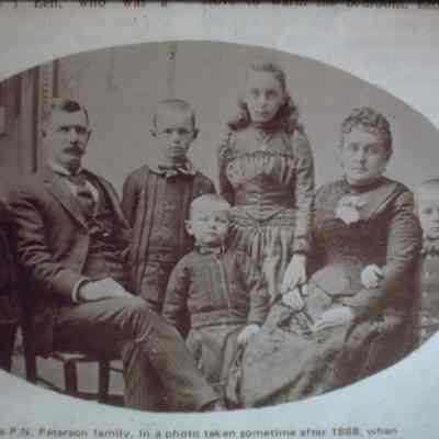 P.N. Peterson Family, Amherst, Wisconsin. Left to right: John, P.N., George, Harry, Esther, Annice (Mrs. P.N.), Raymond