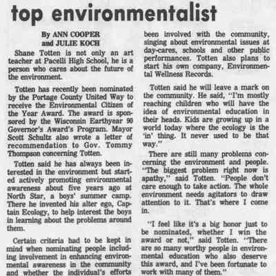 1990, Shane Totten nominated as Environmental Citizen of the Year