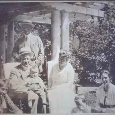 Week Family in Japanese Garden of John Week House, circa 1930. Adults (L-R) Martha, Nelson, John Arthur, Ida, Jo, Kids: John, Lolita.