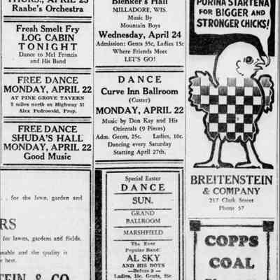 North Star Hall, Log Cabin, Pine Grove Tavern, Shuda's Hall, Marshfield Grand Ballroom, Curve Inn Ballroom, Blenker's Hall