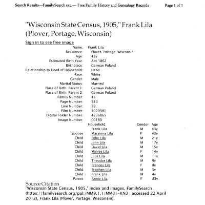 1905 census records for Frank Lila
