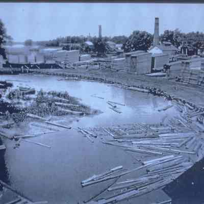 John Week Lumber Company Boom, circa 1910, east side of Wisconsin River, Stevens Point, WI