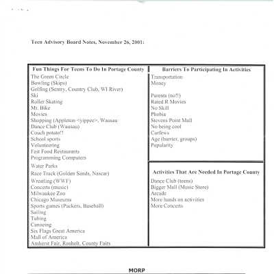 Association for Youth. Teen Advisory Board notes.