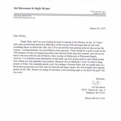 Art Stevenson and High Water letter