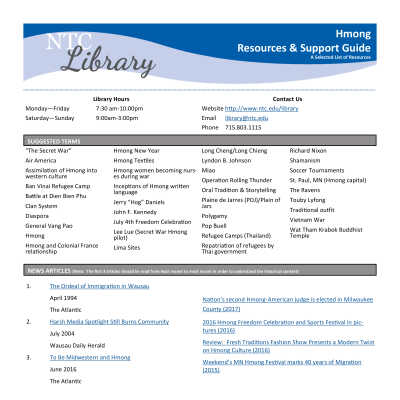 A list of recommended library resources and terms for learning more about Wisconsin Hmong culture, compiled in 2017.
