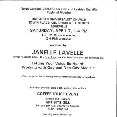 North Carolina Gay and Lesbian Equality Meeting, Unitarian Universalist Church, April