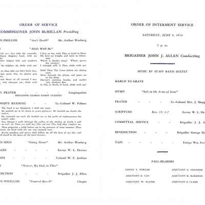 Funeral program for Louise Sheppard, 1934, order of service