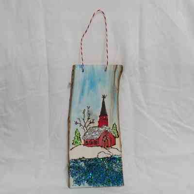 Winter chapel scene Christmas ornament made by a Flint, MI Adult Rehabilitation Center (ARC) beneficiary