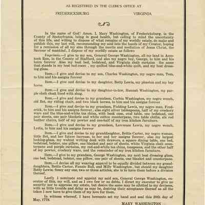 The Will of Mary Washington (As Registered in the Clerk's Office at Fredericksburg Virginia)
