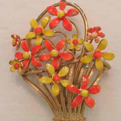 Enameled Flower Basket Brooch