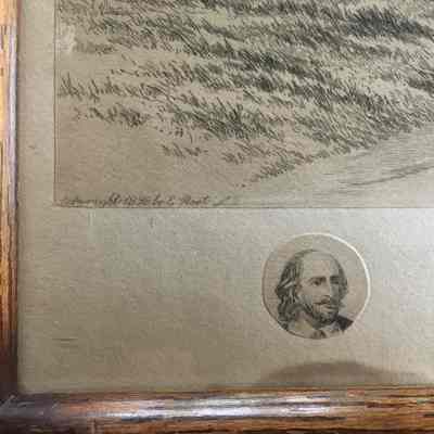 Closeup of lower left with copyright info and image of Shakespeare