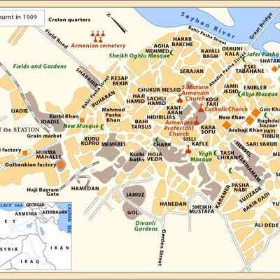 Map of the Adana massacres in 1909 that includes the Chukur Mesjid and Tashchikan neighborhood.