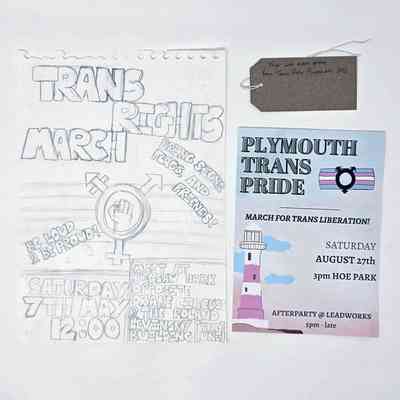The image displays flyers for Trans Rights March and Plymouth Trans Pride, including event details.