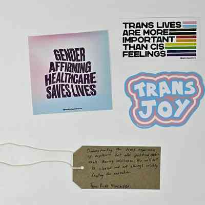 Three stickers and one brown tag laid in a square. Sticker 1 reads "TRANS JOY" and is outlined by trans flag stripes. Sticker 2 reads "TRANS LIVES ARE MORE IMPORTANT THAN CIS FEELINGS" with colourful stripes to the side. Sticker 3 reads "GENDER AFFIRMING HEALTHCARE SAVES LIVES" on a gradient background. The tag reads "Demonstrating the trans experience of euphoria but also political statements showing resilience. We will not be silenced and are always visibly shifting the narrative. Trans Pride Manchester"