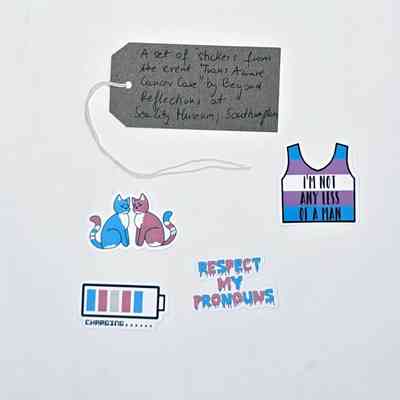 A collection of stickers from an event, including cats, pronouns, and battery design.