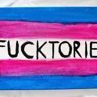 The image features bold text in black saying "FUCK TORIES" on a horizontal stripe background.