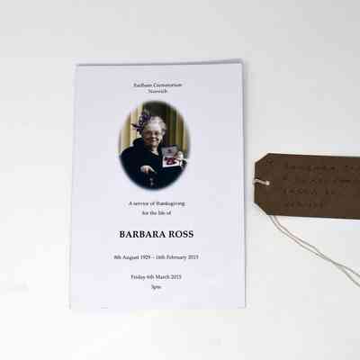 The image shows a funeral program for Barbara Ross, dated March 6, 2015.