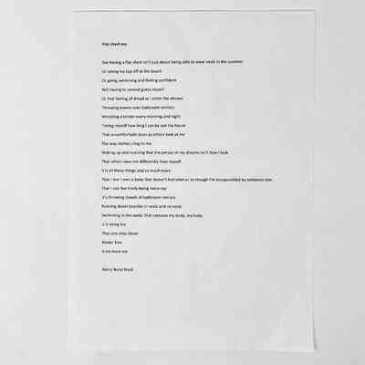 Sheet of plain A4 paper typed with poem "Flat Chest Me" by Harry Nona Wyld. In torn brown envelope addressed to E-J Scott.