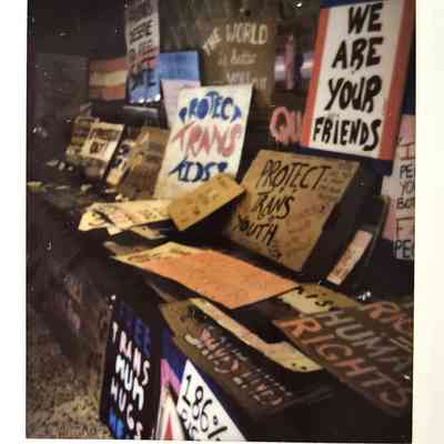 The image displays numerous protest signs supporting trans rights and advocacy for equality.