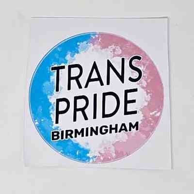 Trans Pride Birmingham sticker, alongside tag.