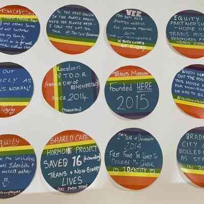 12 circular plaques with rainbow colored backgrounds. They all have different handwritten text in white on them.