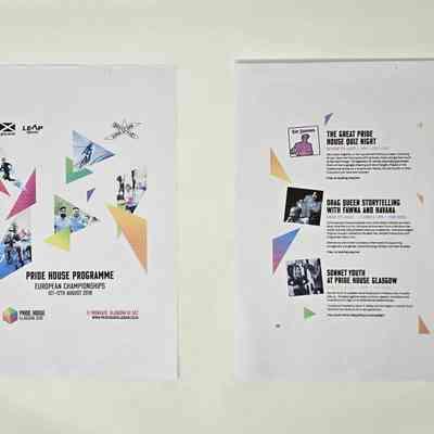 Two A4 sheets of paper depicting a cover of a Pride House event and the programme of events for Drag story time.