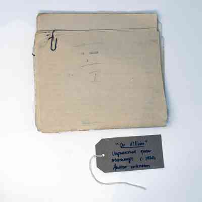 An old manuscript written on vellum, entitled "On Vellum". With a brown, handwritten luggage tag.